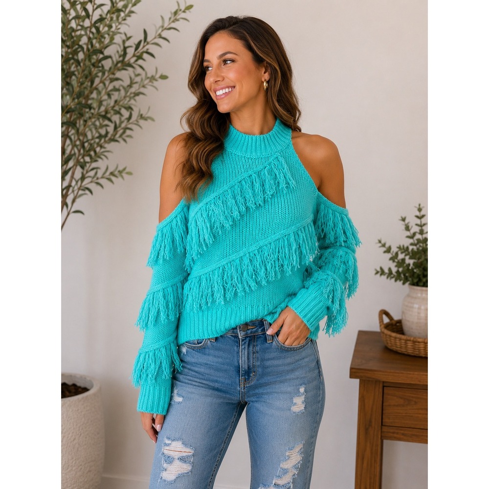 Blue B Collection Fringe Cold Shoulder Sweater S/M Turquoise Halter Knit Boho